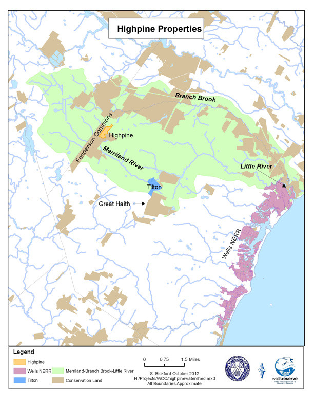 Map of Highpine Properties parcel in the context of the Merriland River watershed