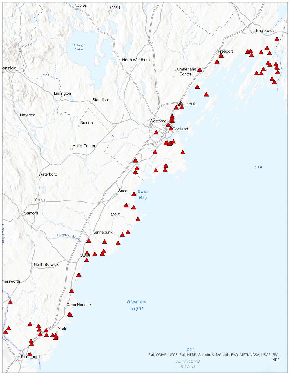 Map of coastal Maine with markers indicating culverts and bridges.
