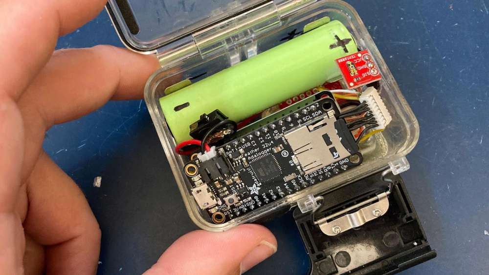 A completed C-HAT device, a crustacean heart and activity tracker that will be affixed to a lobster as it travels through the lobster supply chain.